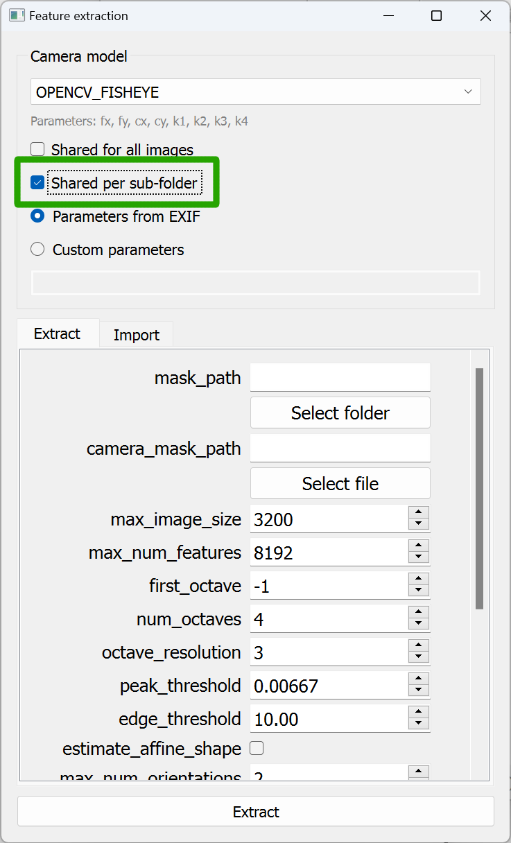 COLMAP feature extraction dialog
