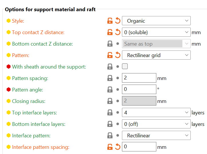 Support print settings screenshot from Prusaslicer