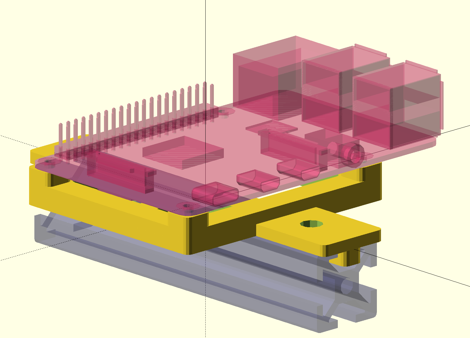 CAD render of the bracket with t-slot and Raspberry Pi PCB