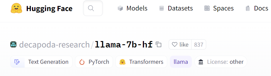 Top section of the huggingface page for the llama-7b-hf model